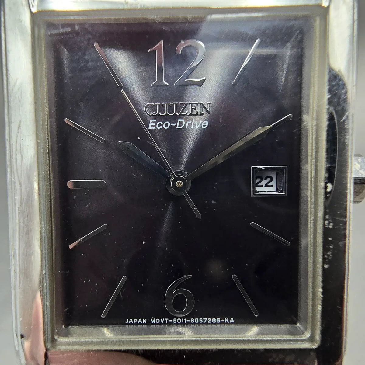 Citizen Eco-Drive Tank Watch Men 26mm Black Dial Silver Date Rectangle Runs JP1