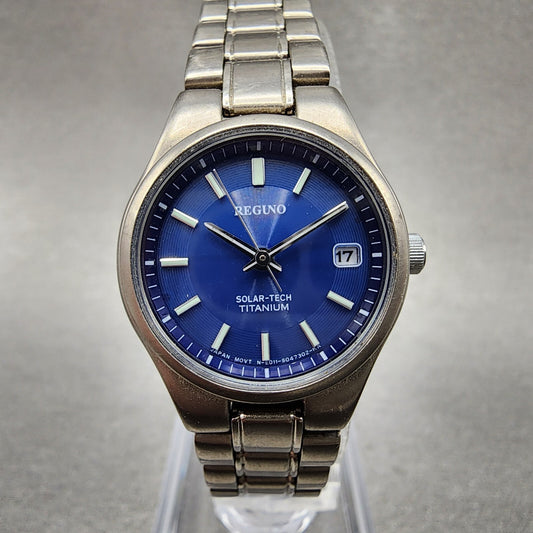 Reguno Solar Watch Women 25mm Blue Dial Titanium Date E011S028132 Runs0