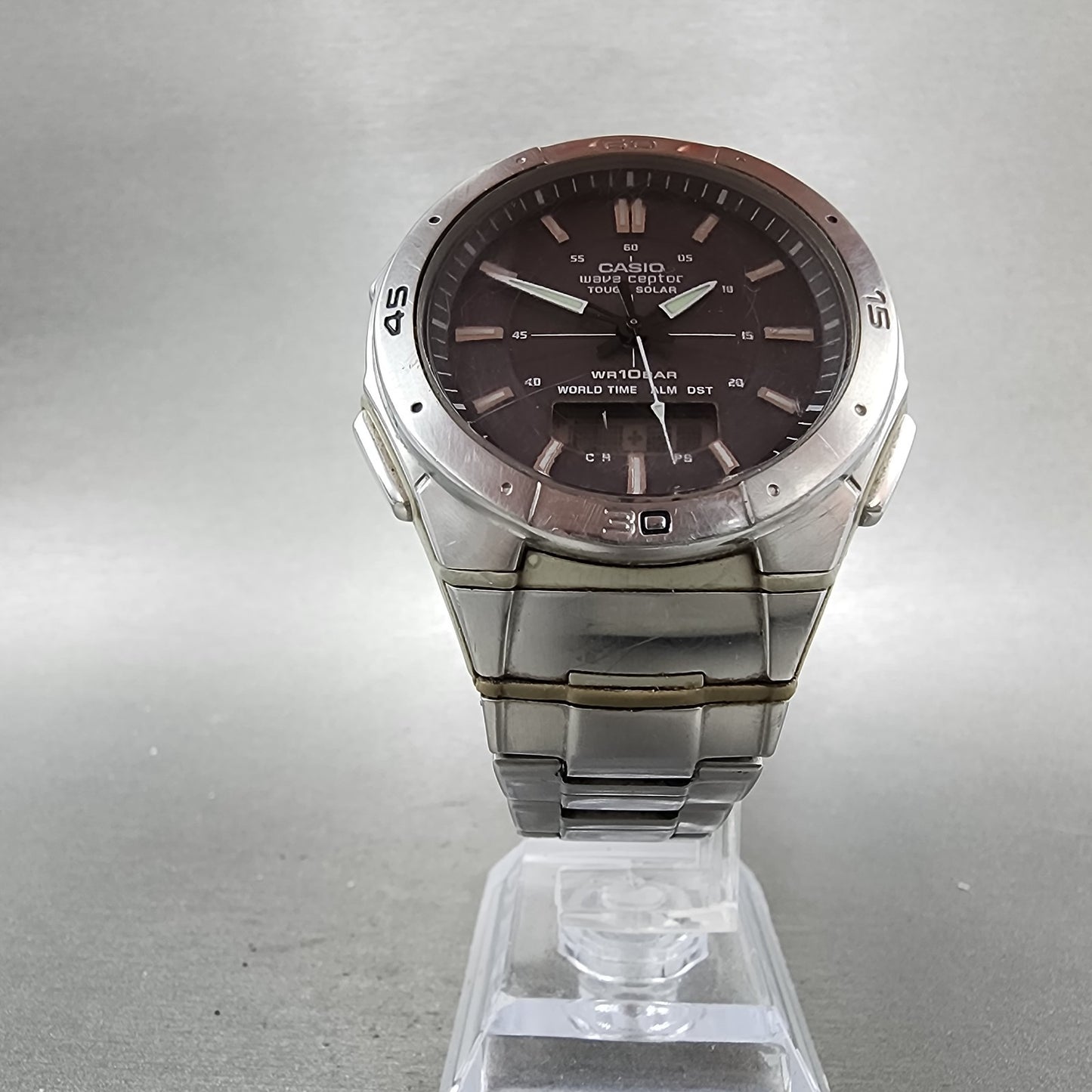 Casio Wave Ceptor Solar Watch Men 42mm Black Dial Analog Digital Steel Runs READ5