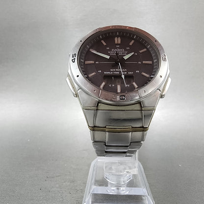 Casio Wave Ceptor Solar Watch Men 42mm Black Dial Analog Digital Steel Runs READ5