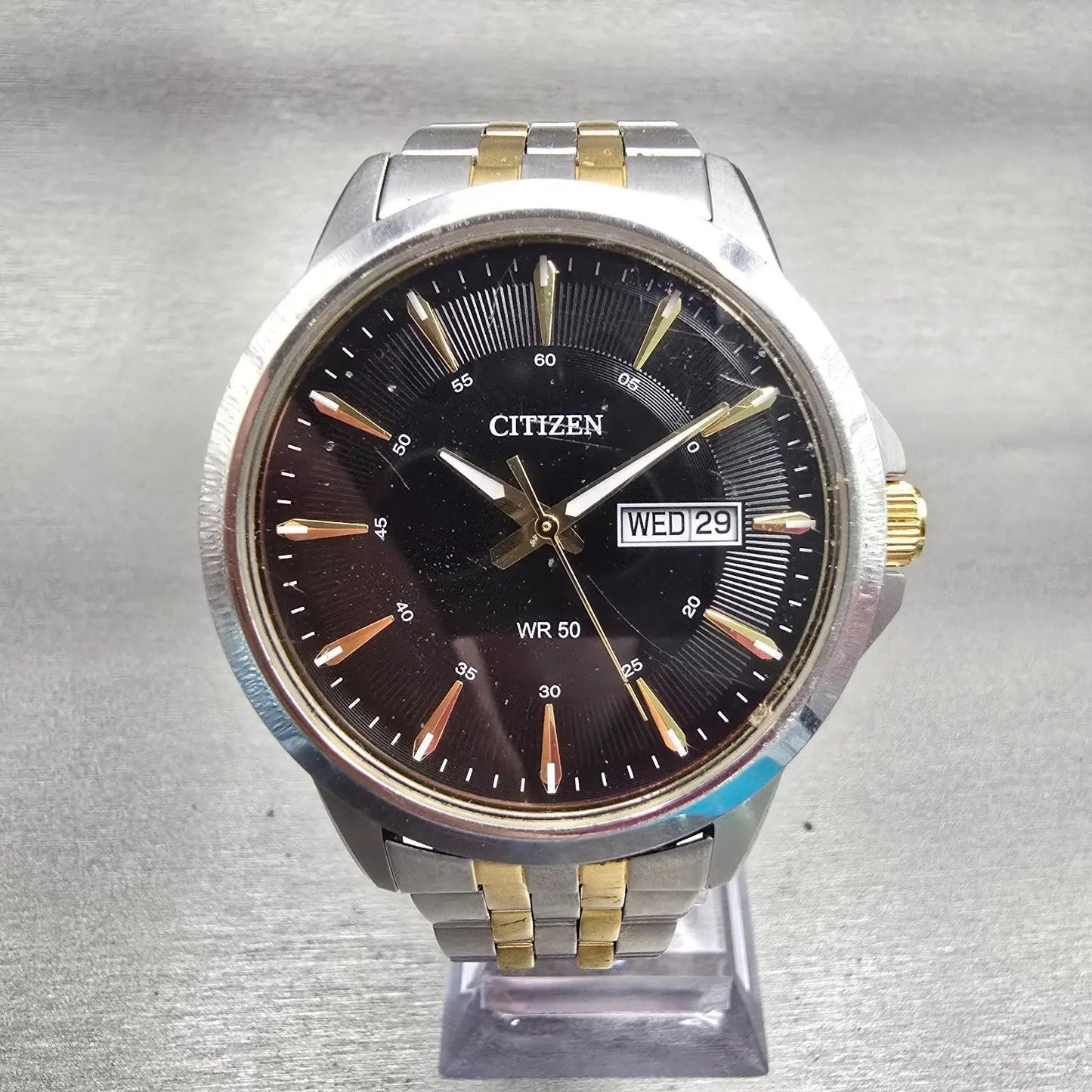 Citizen Watch Men 40mm Black Dial Silver Tone Daydate 1502-S097843 New Battery0
