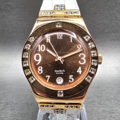 Swatch Irony Fancy Me Pink Gold Watch Women 33mm Gemmed Date YLG403 New Battery0