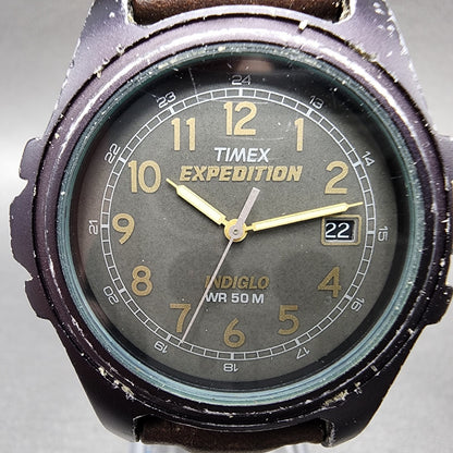 Timex Expedition Watch men 37mm Green Dial Brown Tone Date Round New Battery1