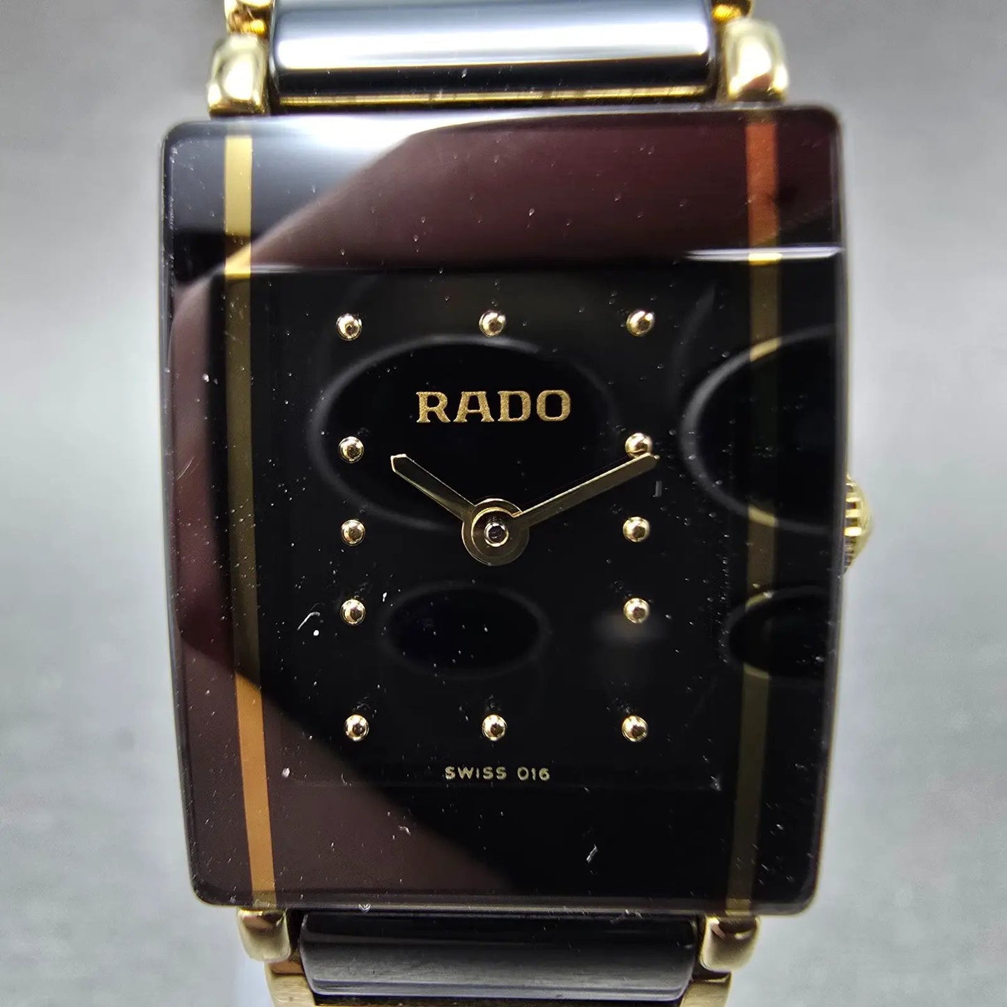 Rado Diastar Tank Watch Women 18mm Black Dial Black & Gold Tone 153.0383.3 Runs1