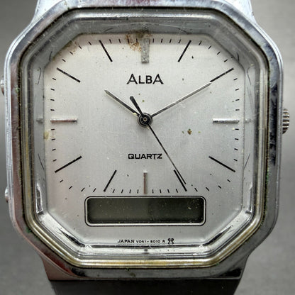 Seiko ALBA Watch Men 32mm Silver Dial Two Tone Analog Digital Alarm Chron NewBat1