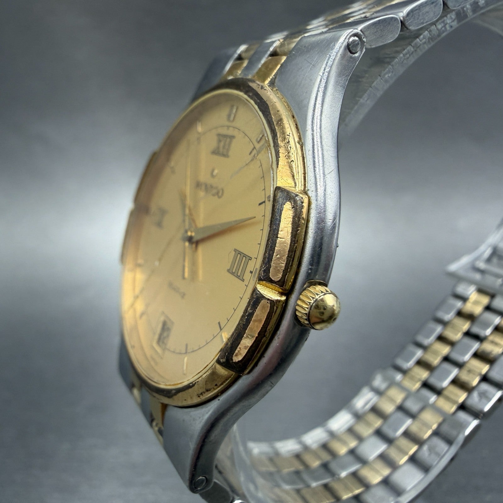 Movado Watch Men 34mm Gold Dial Two Tone Date Round 88-52-867 CRACKED New Batt2