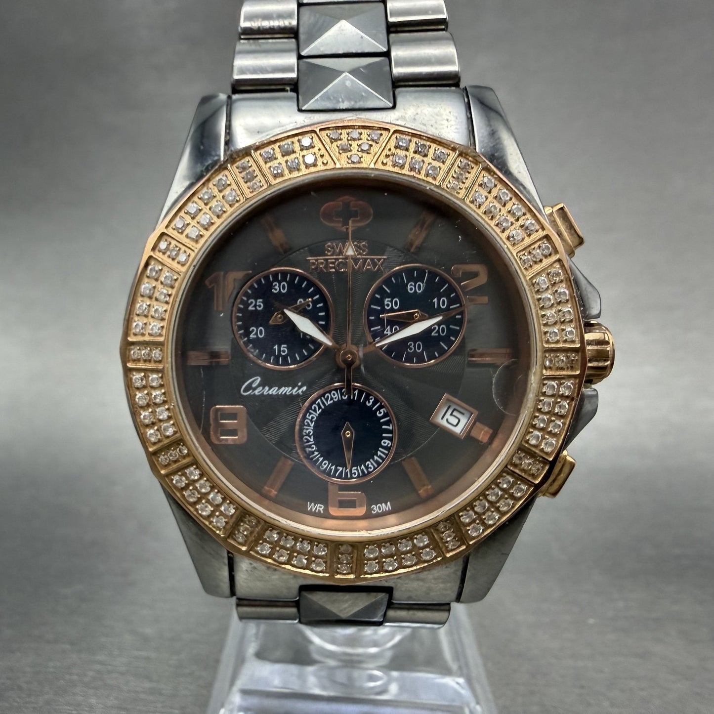 Swiss Precimax Chronograph Watch Women 38mm Black Dial Ceramic Date New Batt0