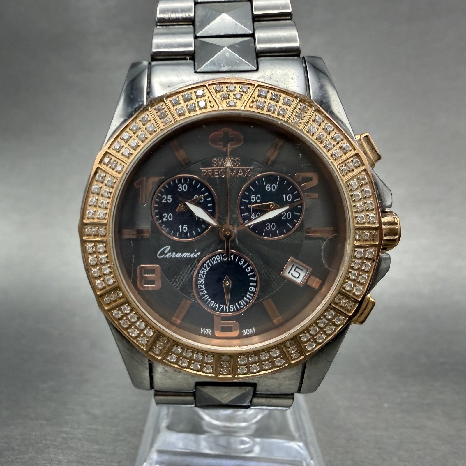Swiss Precimax Chronograph Watch Women 38mm Black Dial Ceramic Date New Batt0
