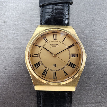VTG Seiko SQ Watch Men 33mm Gold Dial Gold Tone Daydate Round 7122-7049 PARTS