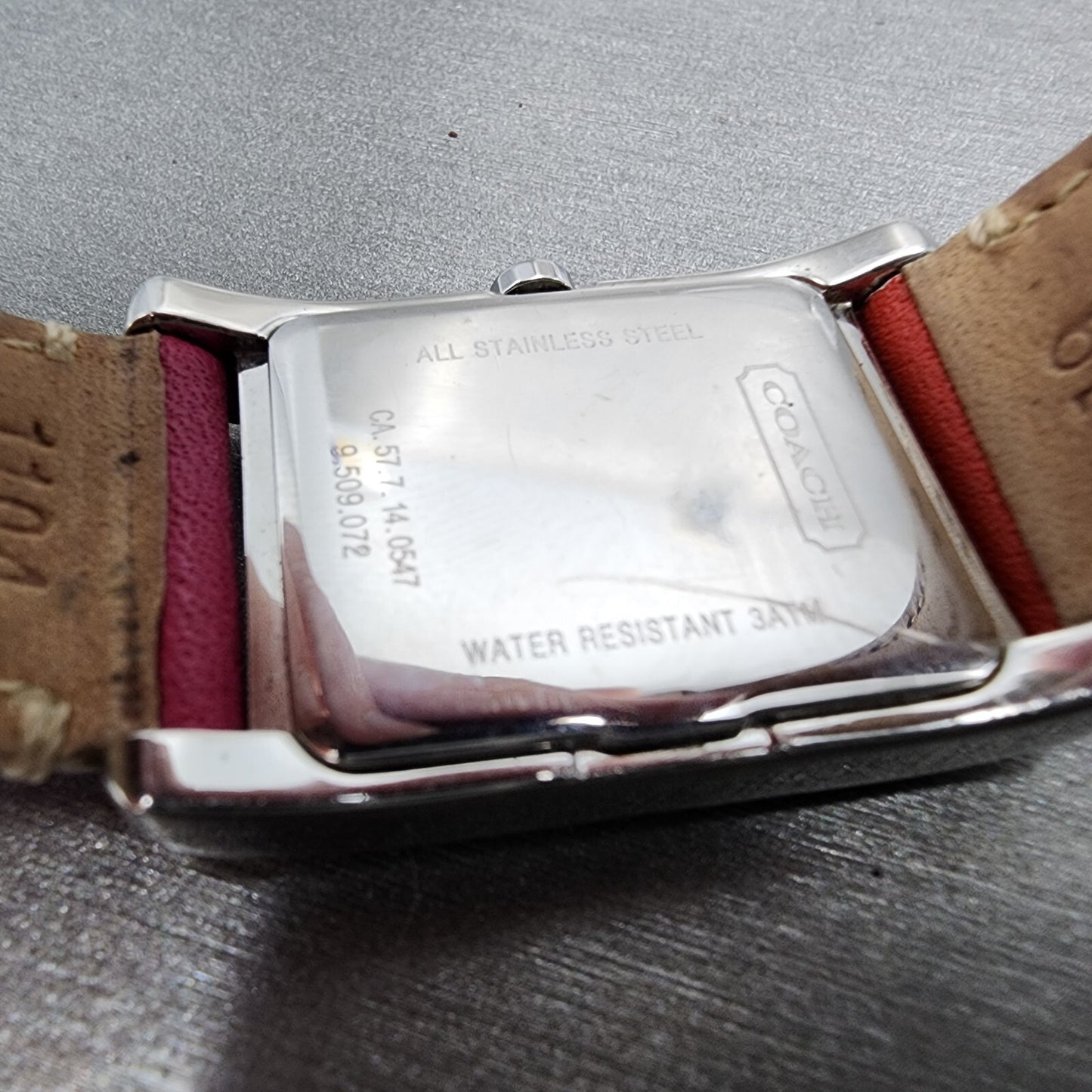 Coach Tank Watch Women 25mm Silver Dial Steel Date Rectangle Leather New Battery9