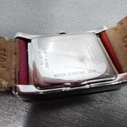 Coach Tank Watch Women 25mm Silver Dial Steel Date Rectangle Leather New Battery9