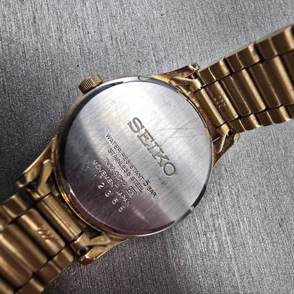 Seiko Watch Women 24mm Gold Dial Gold Tone Date Round 7N82-0GM0 New Battery10