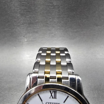 Citizen Eco-Drive Stiletto Watch Men 35mm White Dial Two Tone Round Runs JP234