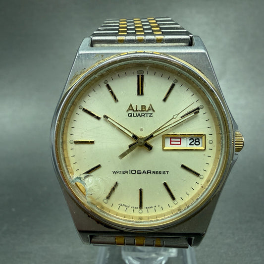 Seiko Alba Watch Men 35mm Champagne Dial Two Tone Daydate V743-8A10 New Battery20