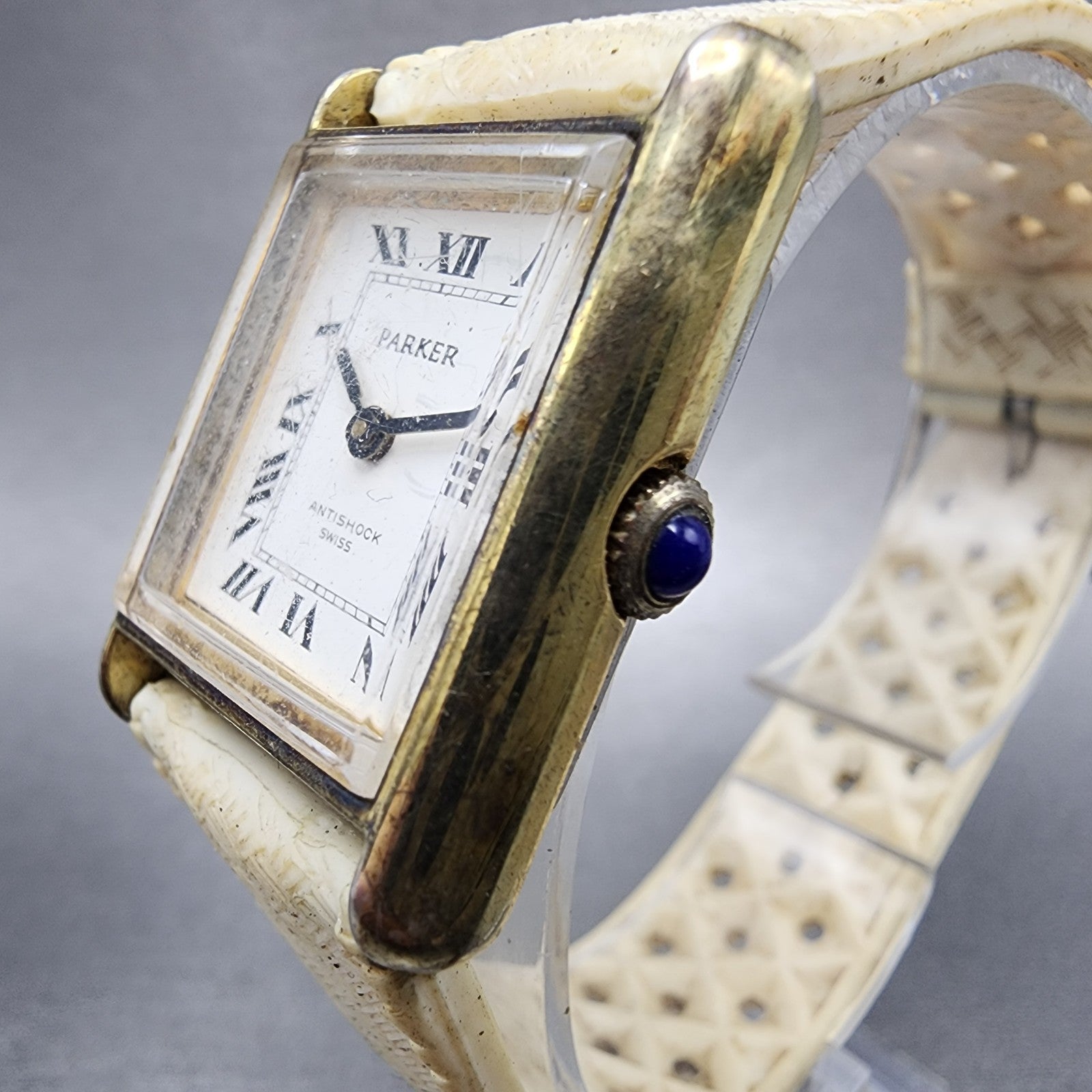 Parker Tank Watch Women 25mm White Dial Gold Tone Rectangle Manual Wind PARTS3