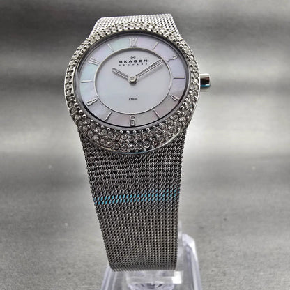Skagen Steel Watch Women 26mm MOP Dial Silver Tone Gemmed 566XSSS New Battery5