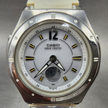 Casio Wave Ceptor Watch Women 35mm White Dial Silver Tone Analog Digital Works1
