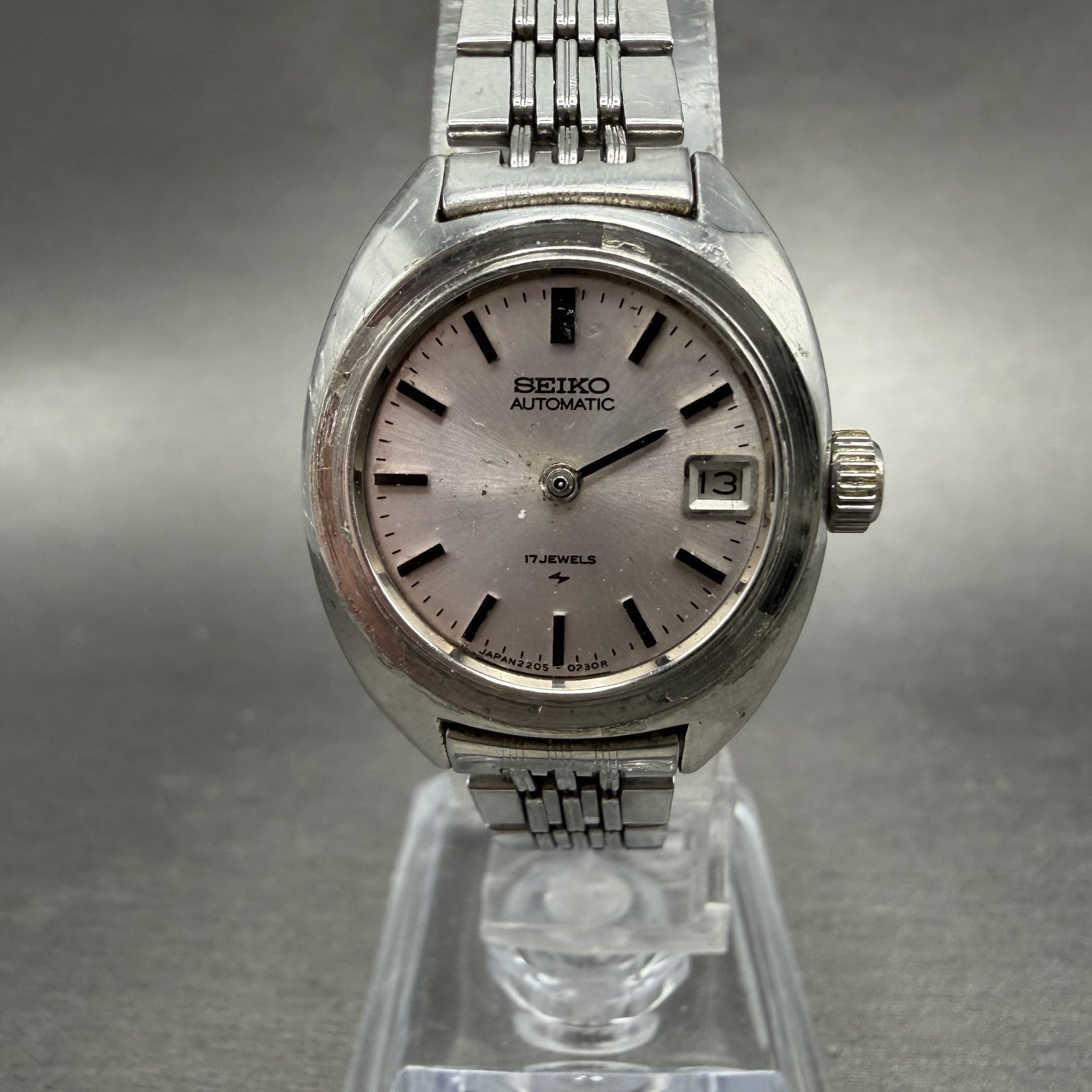 Seiko Automatic Watch Women 23mm Silver Dial Silver Tone Date 2205-0050 PARTS0