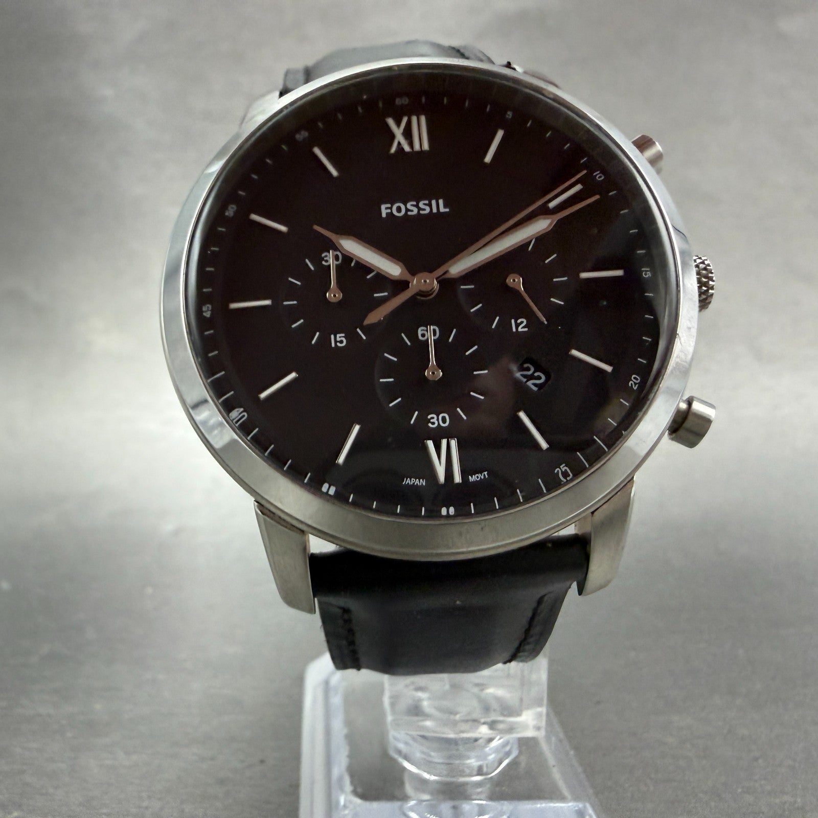 Fossil Neutra Chronograph Watch Men 44mm Black Dial Steel Date FS5452 NewBattery5