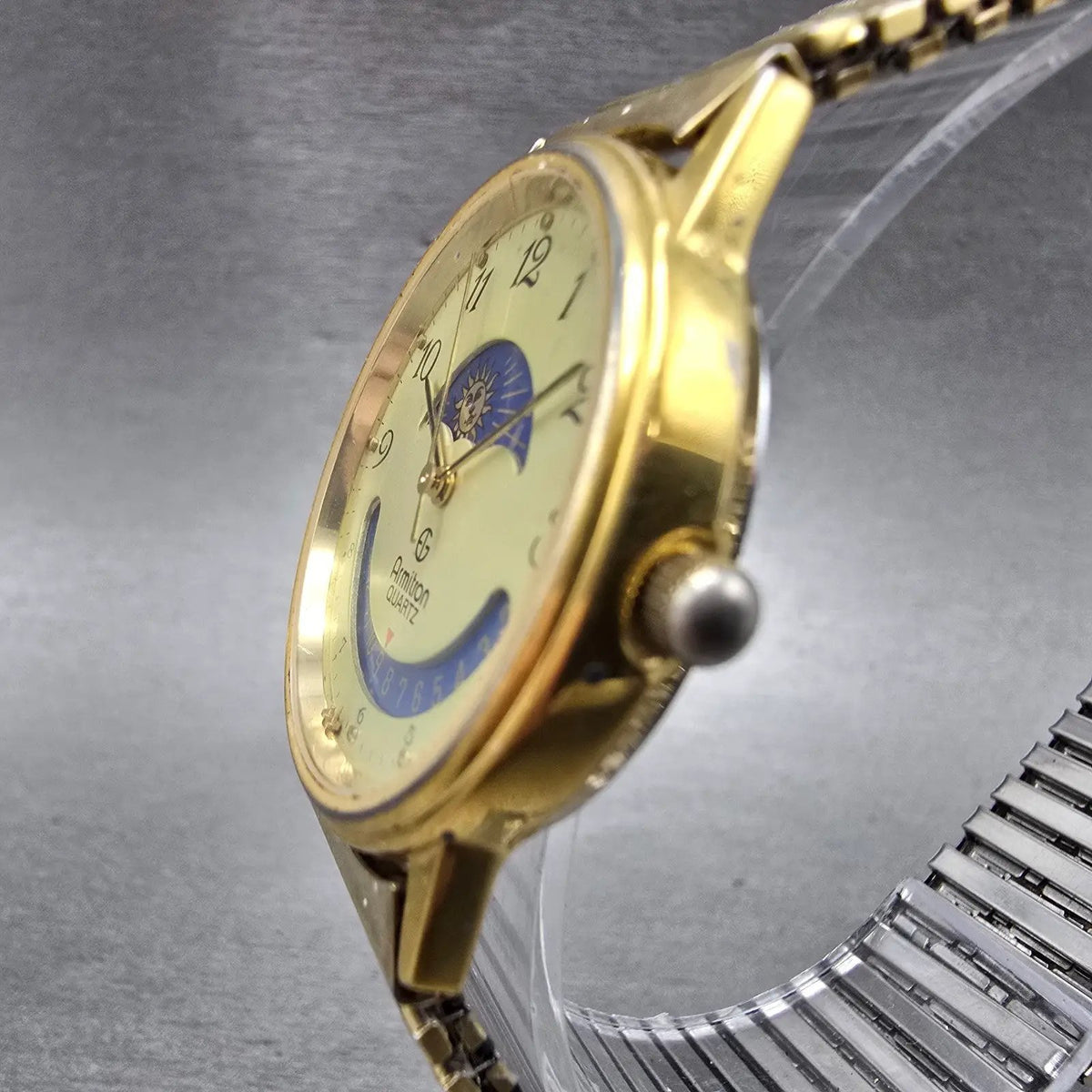 Armitron Day Night Watch Men 32mm Gold Dial Gold Tone Date Round READ!! New Batt2