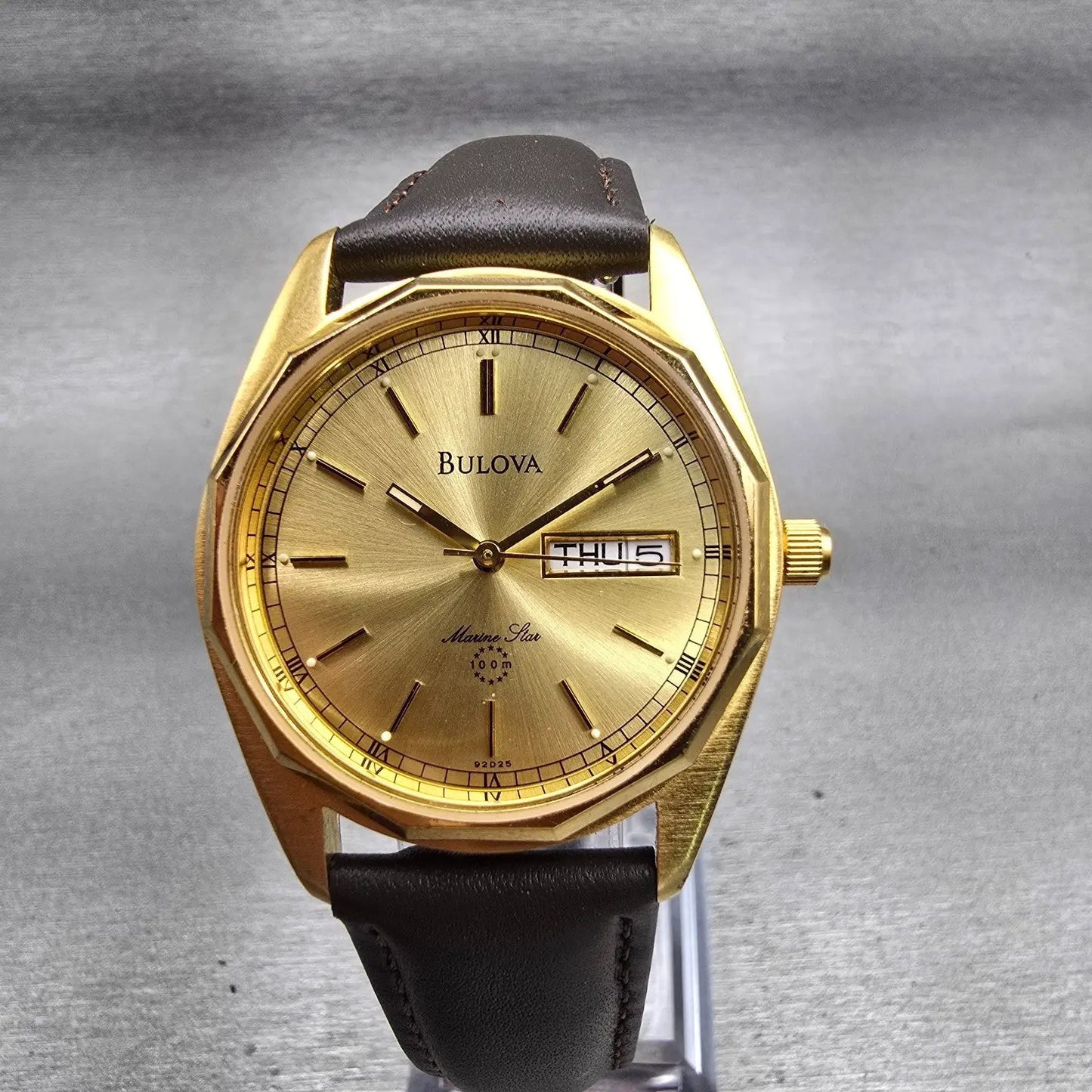 Bulova Marine Star Watch Men 34mm Gold Dial Gold Tone Daydate 92D25 New Battery0