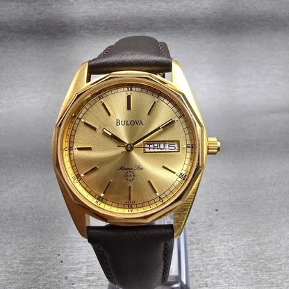 Bulova Marine Star Watch Men 34mm Gold Dial Gold Tone Daydate 92D25 New Battery0