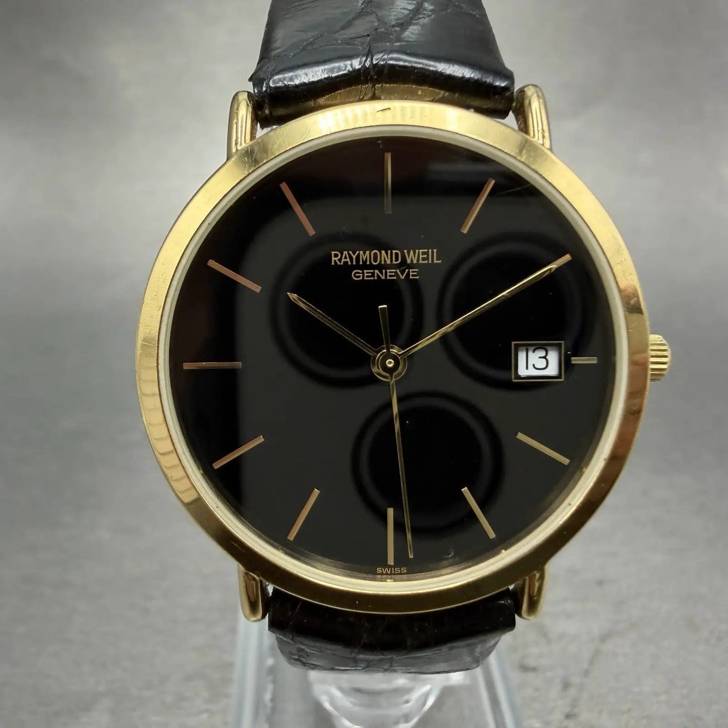 Raymond Weil Watch Men 31mm Black Dial Gold Plated Date Round 5507 New Battery0