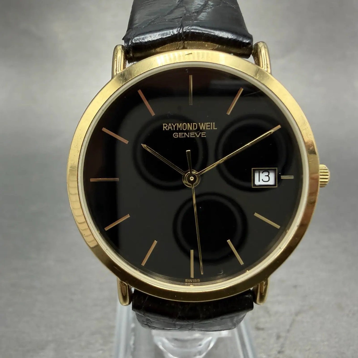Raymond Weil Watch Men 31mm Black Dial Gold Plated Date Round 5507 New Battery0