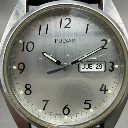 Seiko Pulsar Watch Men 37mm Silver Dial Silver Tone Daydate V733-9A40 NewBattery1