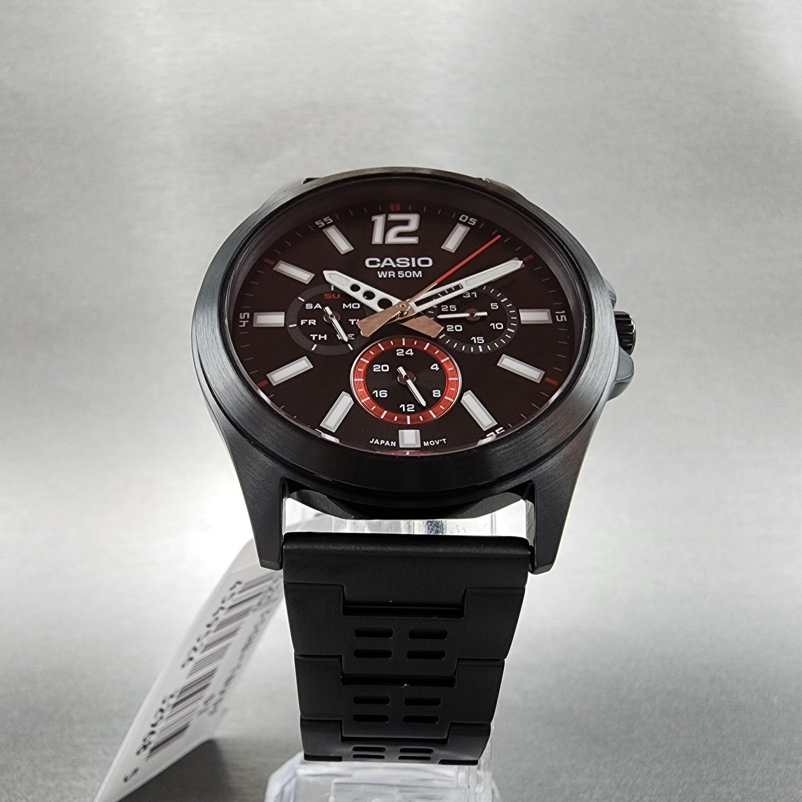 Casio MTPE350 Watch Men 39mm Black Dial Black Steel Daydate Metal Bracelet5