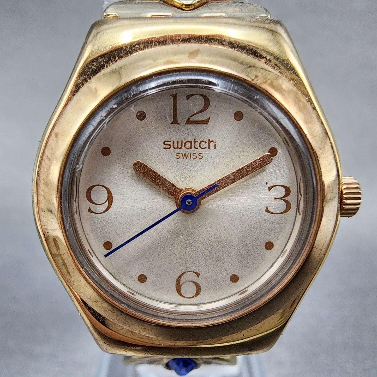 Swatch Irony Watch Women Champagne Dial Rose Gold Tone Round Purple Gems New Bat0