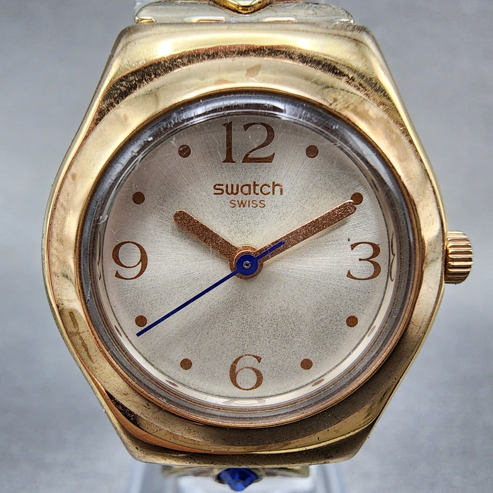 Swatch Irony Watch Women Champagne Dial Rose Gold Tone Round Purple Gems New Bat0