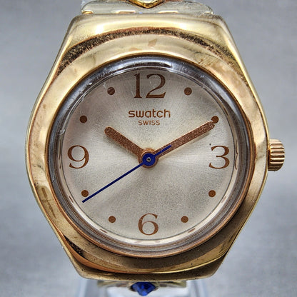 Swatch Irony Watch Women Champagne Dial Rose Gold Tone Round Purple Gems New Bat0