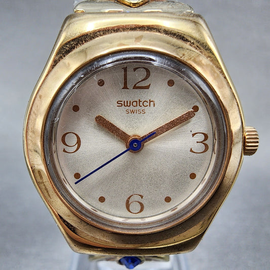 Swatch Irony Watch Women Champagne Dial Rose Gold Tone Round Purple Gems New Bat0