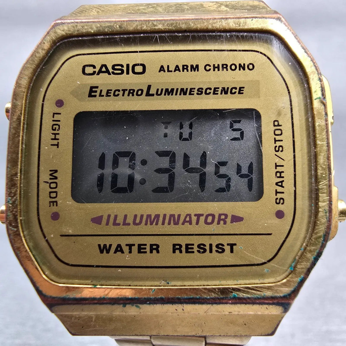 Casio Illuminator A168 Watch Men 35mm Gold Dial Gold Tone Chrono Alarm New Batt1