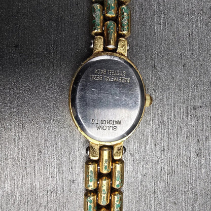 Bulova Watch Women 16mm Black Dial Gold Tone Oval 92F12 New Battery Diamonds VTG11