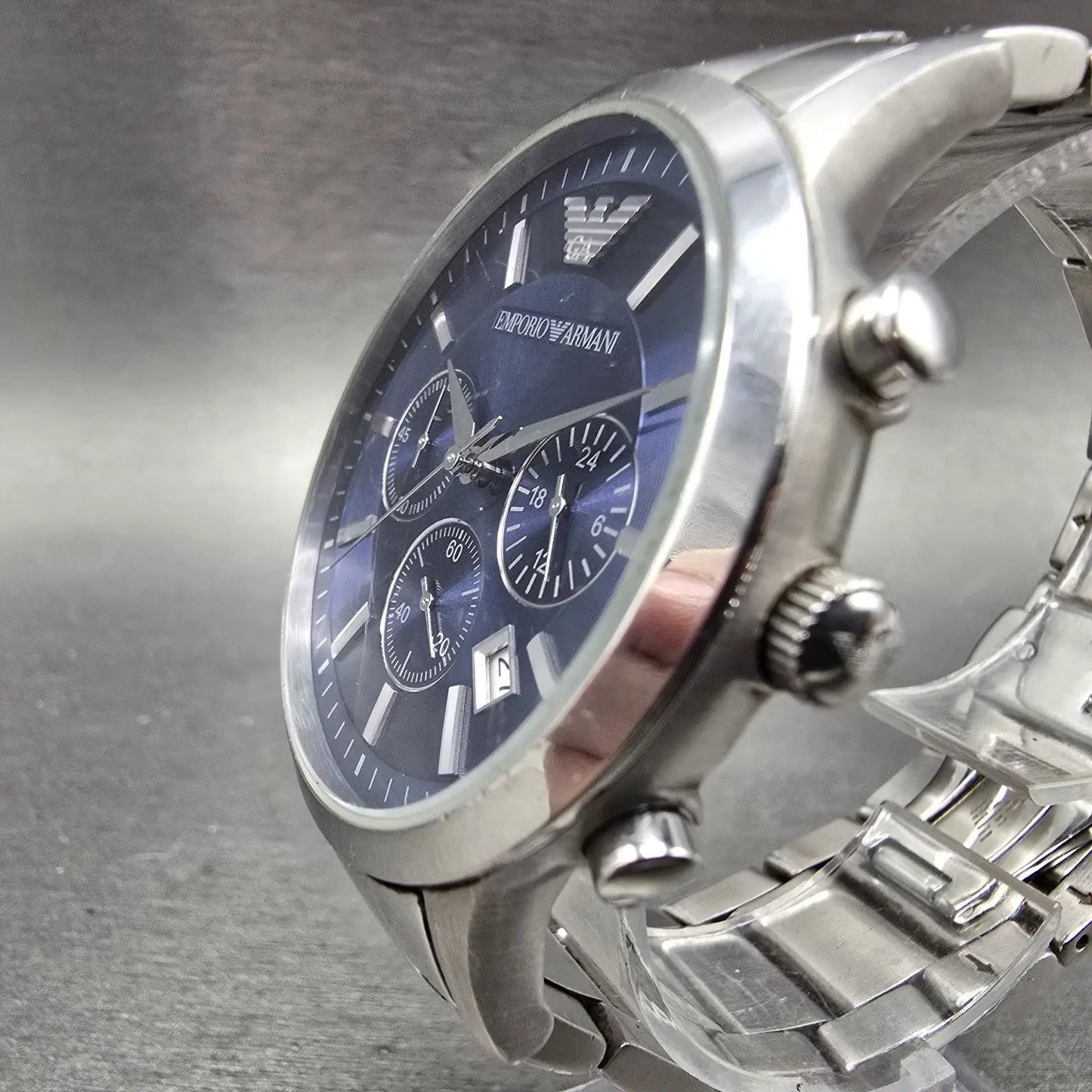 Emporio Armani Chronograph Watch men 43mm Blue Dial Steel Date Round New Battery2