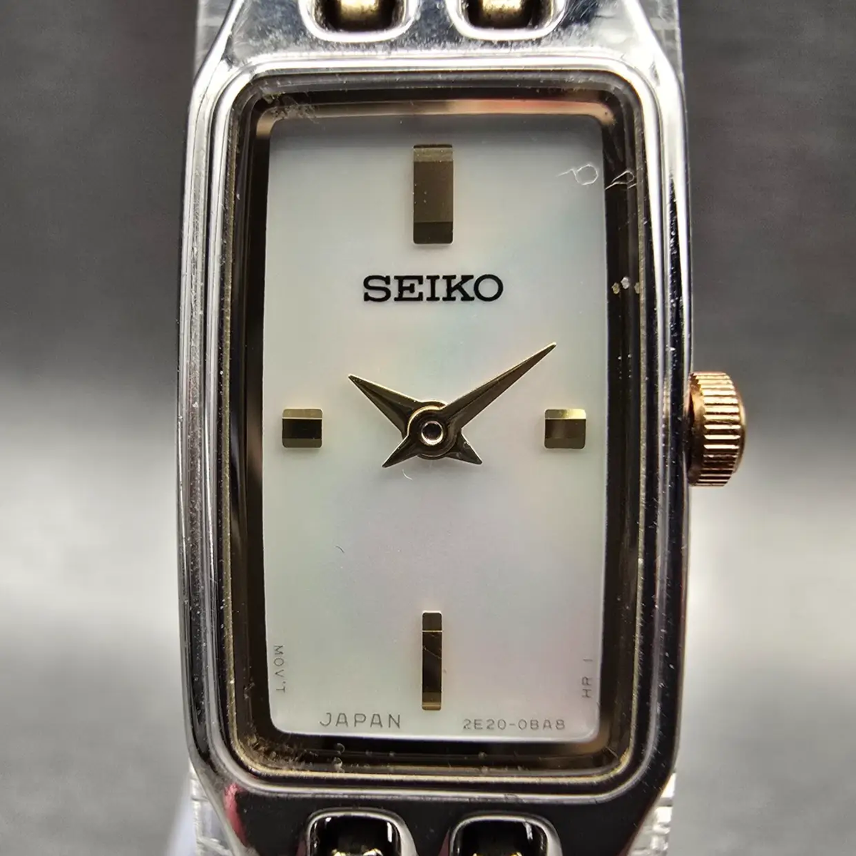 Seiko Tank Watch Women 13mm MOP Dial Silver Tone Rectangle 2E20-0AS0 New Batt1