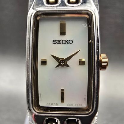 Seiko Tank Watch Women 13mm MOP Dial Silver Tone Rectangle 2E20-0AS0 New Batt1