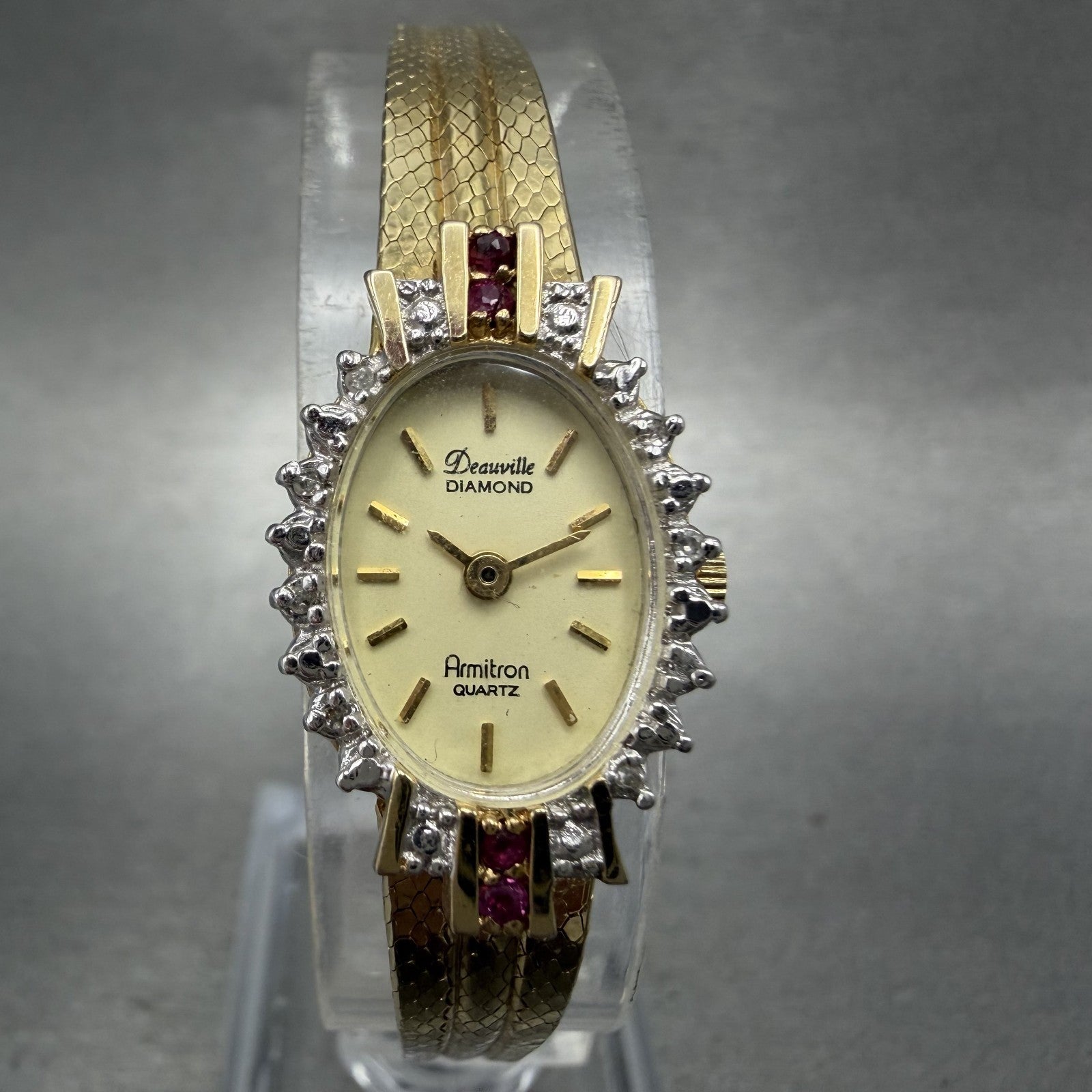 Armitron Deauville Diamond Watch Women 15mm Gold Dial Gold Ruby Oval New Battery0