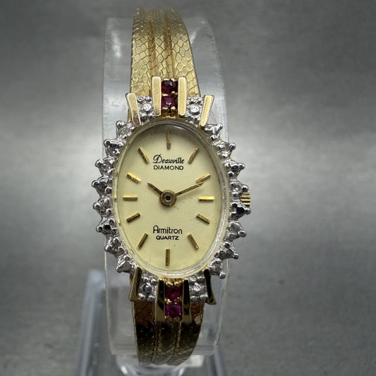 Armitron Deauville Diamond Watch Women 15mm Gold Dial Gold Ruby Oval New Battery0
