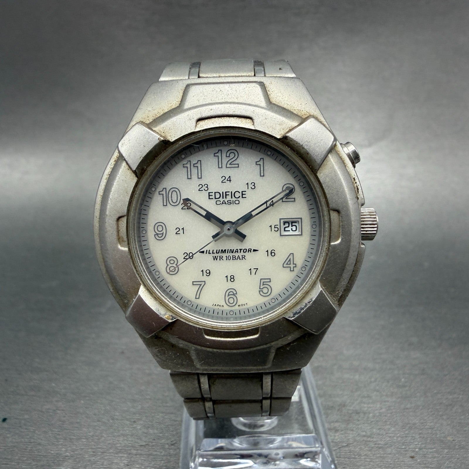 Casio Edifce Watch Men Cream Dial Silver Tone Date Round MMW-100 New Battery0