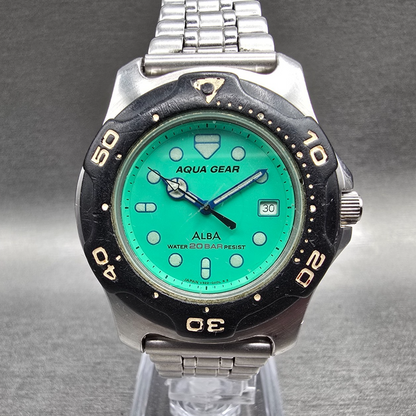 Alba Aqua Gear Dive Watch Men 36mm Green Dial Two Tone Date V322-0A00 New Batt0