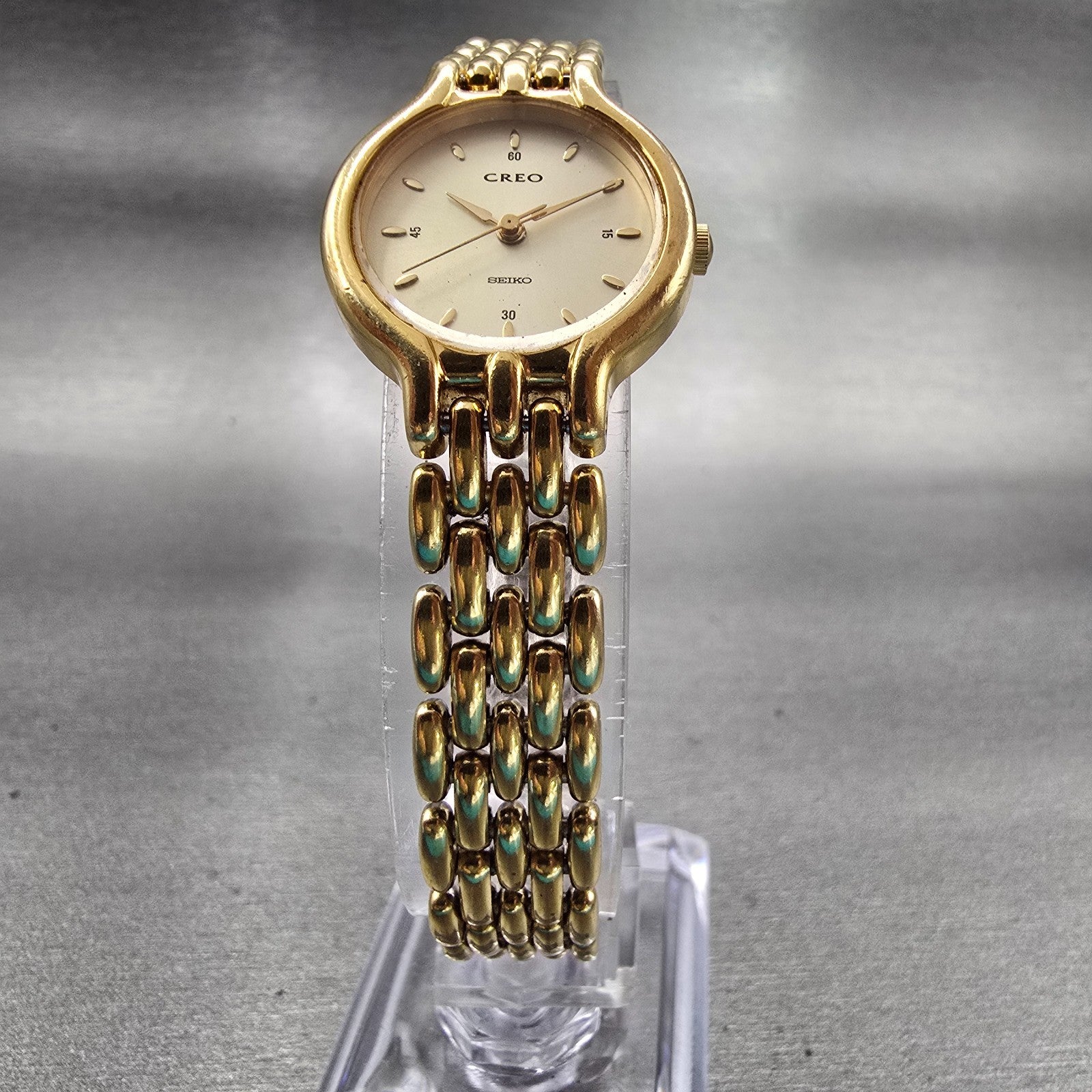 Seiko Creo Watch Women 22mm Champagne Dial Gold Tone Round 2P21-0250 New Battery5