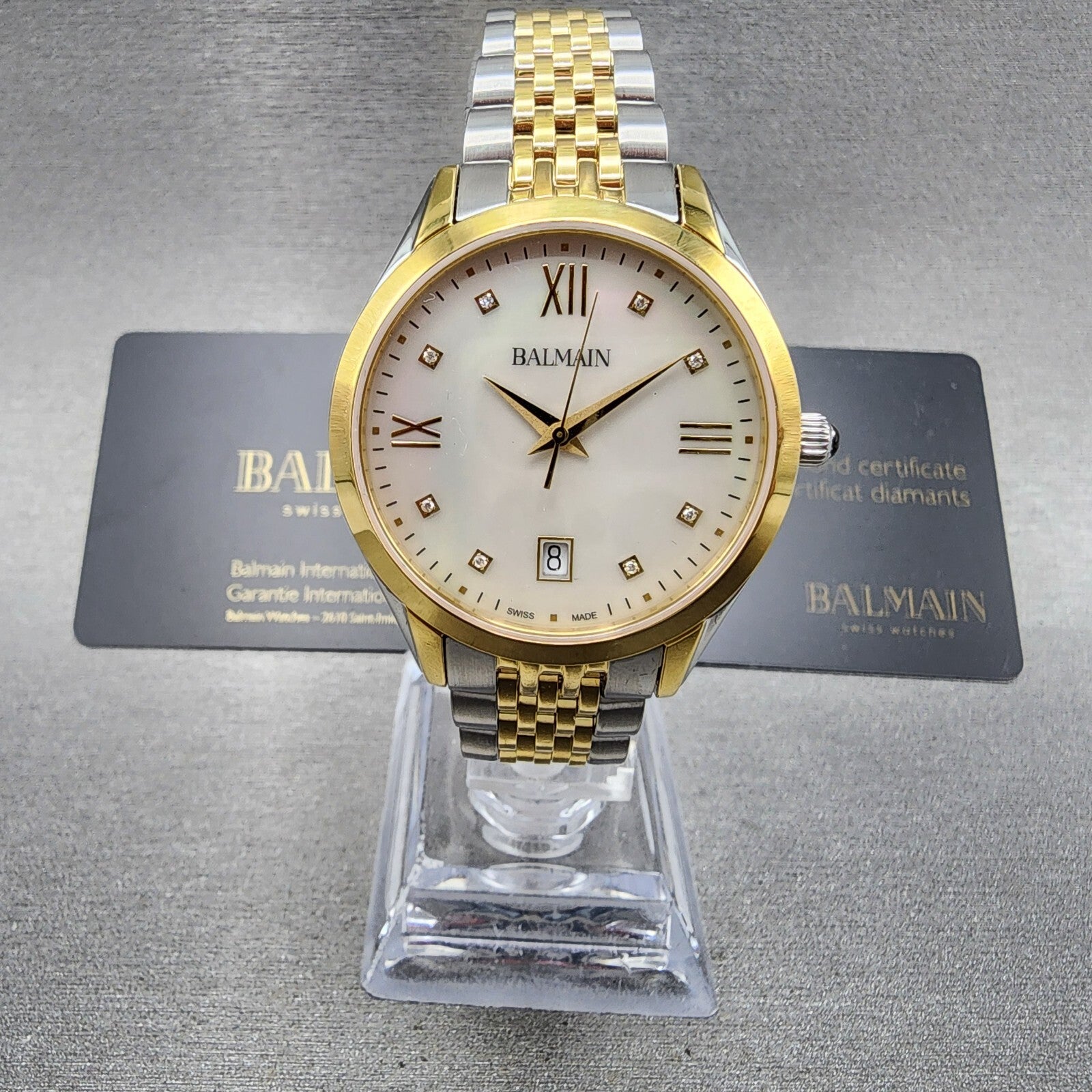 Balmain Classic R Watch Women 34mm MOP Dial Two Tone Date Round Diamond Markers0