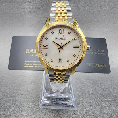 Balmain Classic R Watch Women 34mm MOP Dial Two Tone Date Round Diamond Markers0