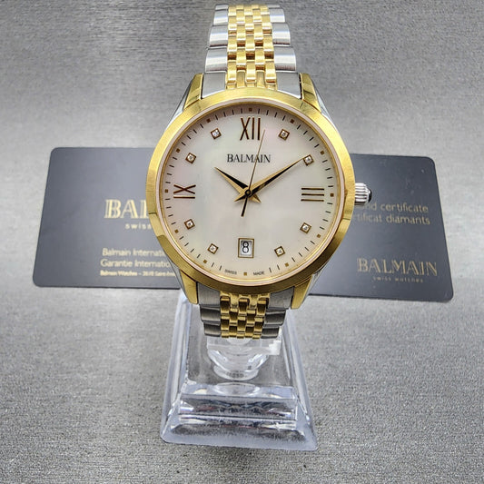 Balmain Classic R Watch Women 34mm MOP Dial Two Tone Date Round Diamond Markers0