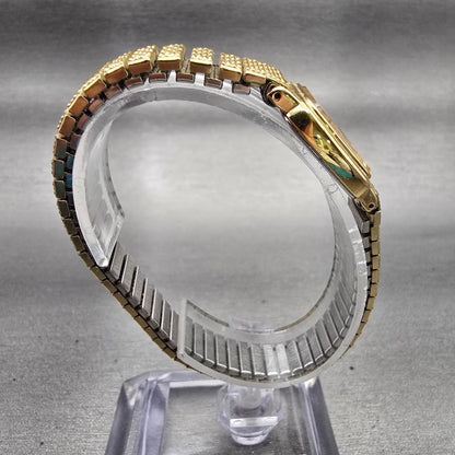 Seiko Watch Women 17mm Gold Dial Gold Tone Rectangle 1N00-5K29 New Battery VTG F8