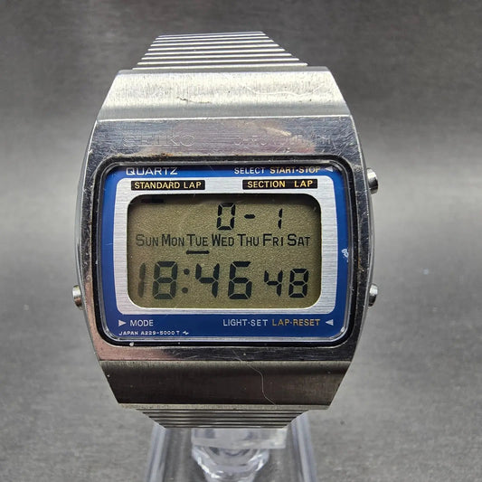 Seiko Digital Watch Men 34mm Blue Silver Chronograph A229-5000 New Battery0