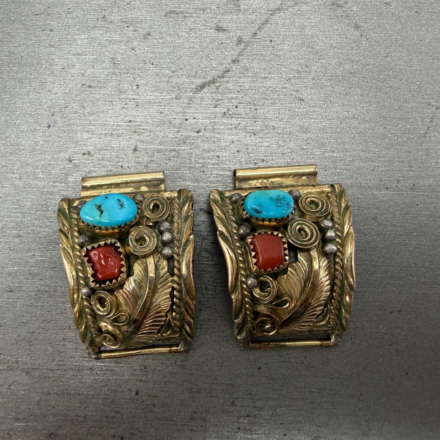 Navajo Watch band tips 18mm 1/20 12K Gold Filled AY Red Blue Tons Vintage0